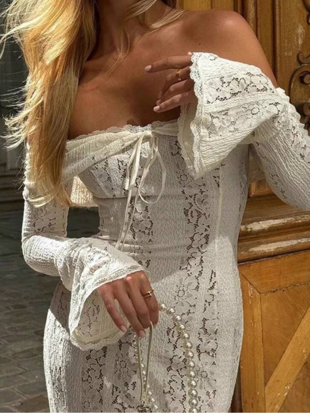 Off-Shoulder White Lace Midi Dress with Bell Sleeves